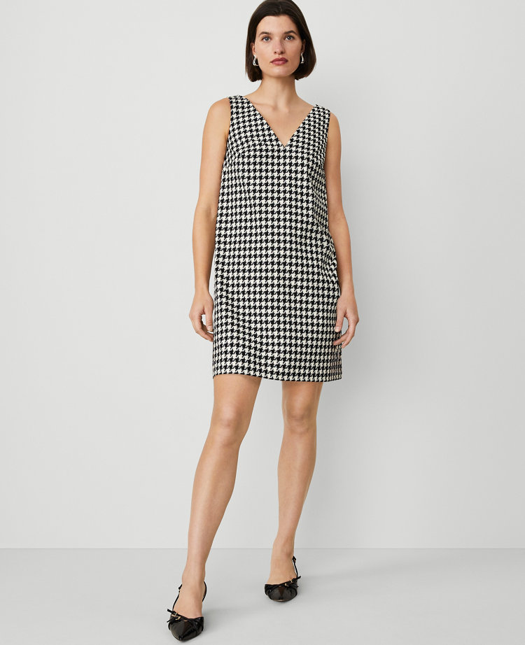 Houndstooth V-Neck Sleeveless Shift Dress
