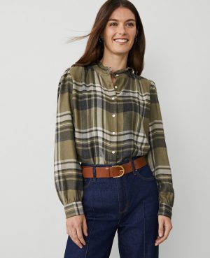 Petite Weekend Collection Plaid Ruffle Neck Flannel Shirt