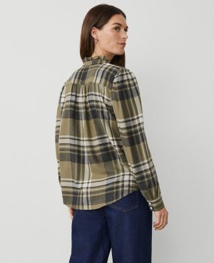 Petite Weekend Collection Plaid Ruffle Neck Flannel Shirt