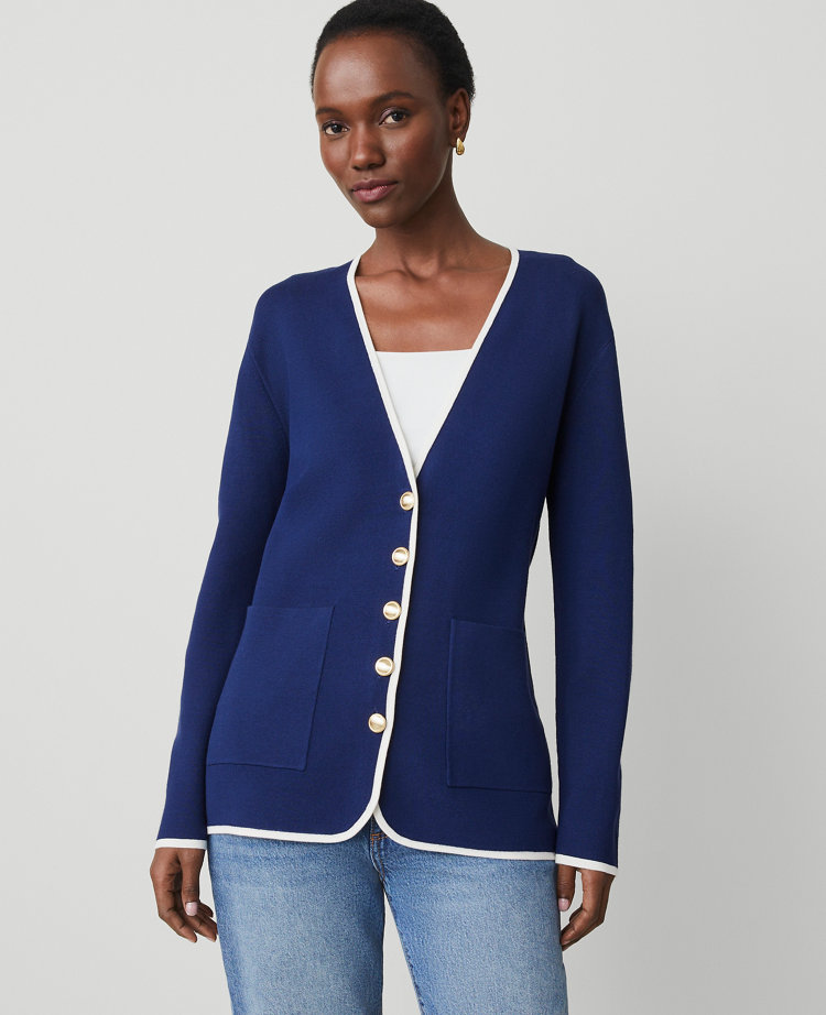Tipped V-Neck Sweater Blazer