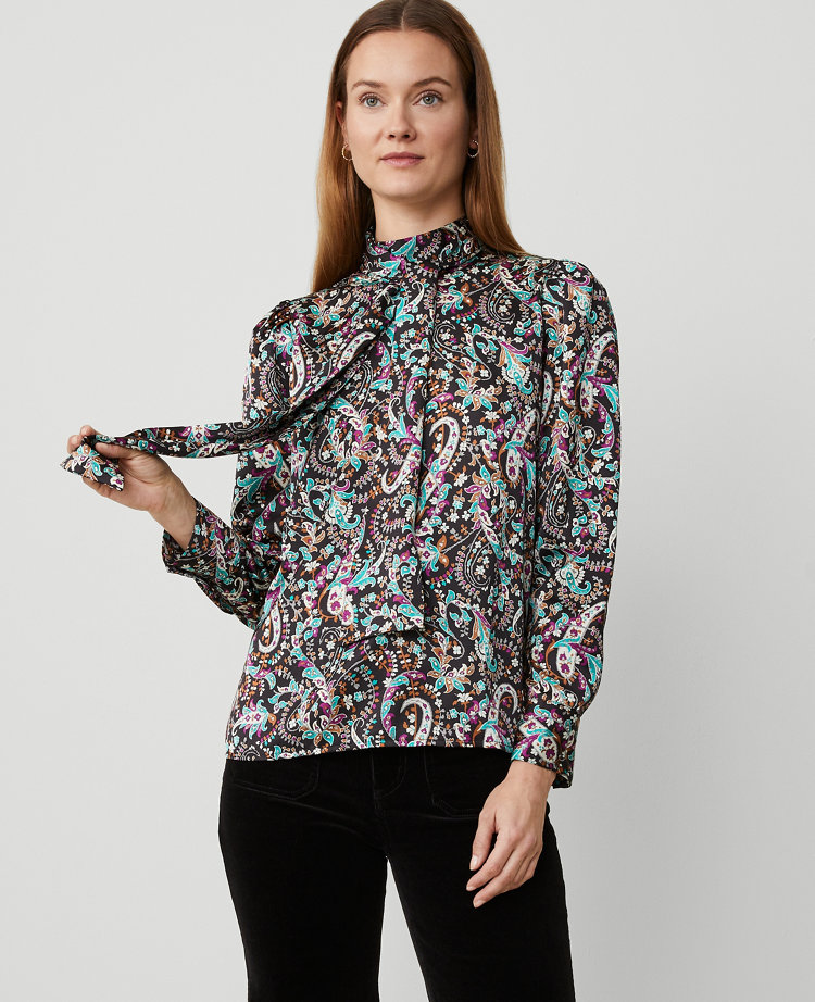 Paisley Mock Tie Neck Puff Sleeve Top