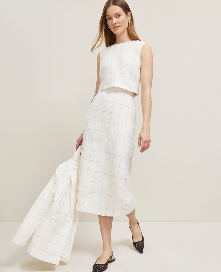 The Clean Midi Skirt in Windowpane Linen Blend