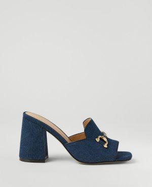 Horsebit Denim Block Heel Sandals