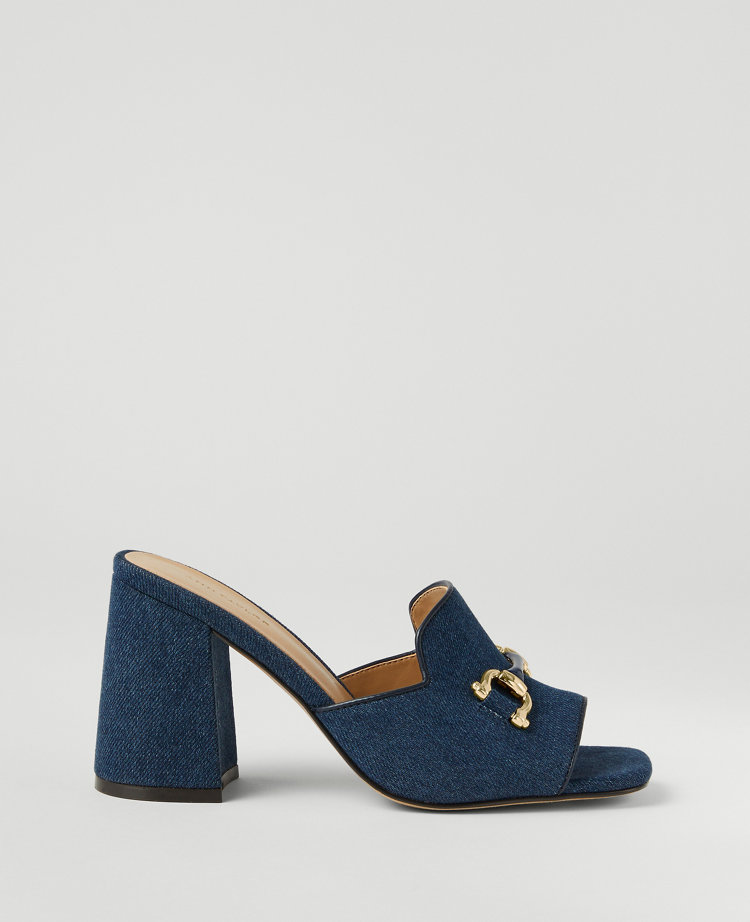 Horsebit Denim Block Heel Sandals