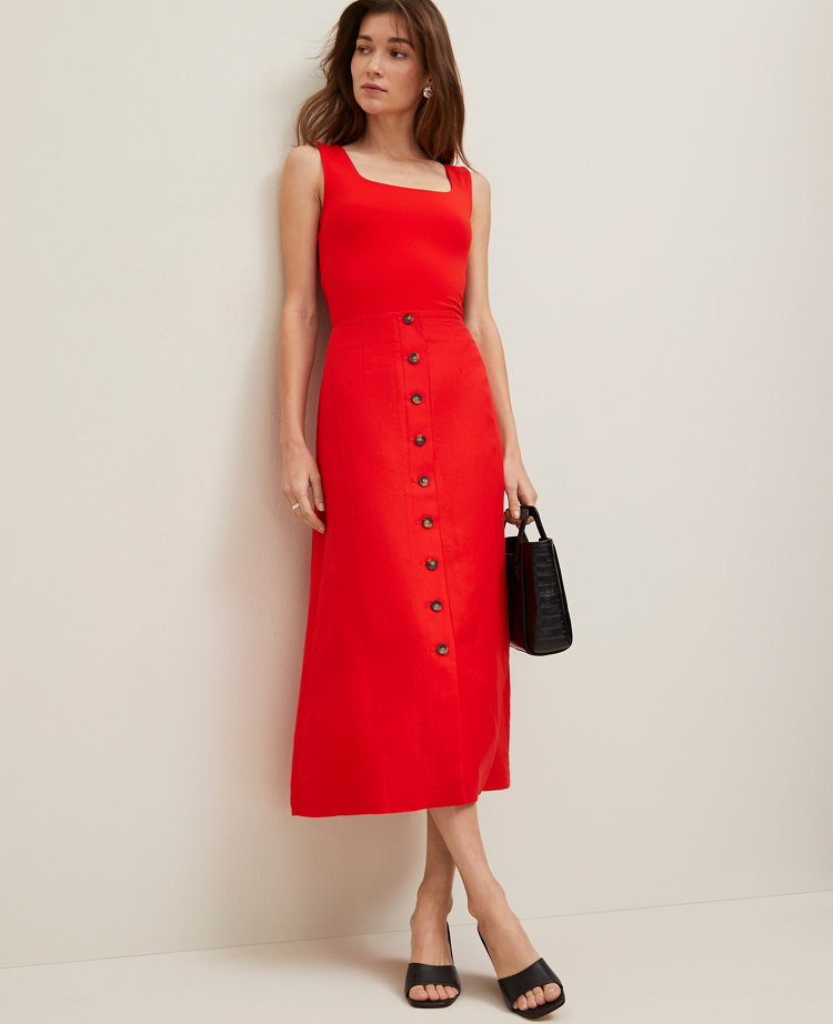 Linen Blend Button Front Skirt