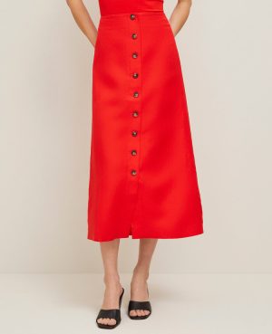 Linen Blend Button Front Skirt