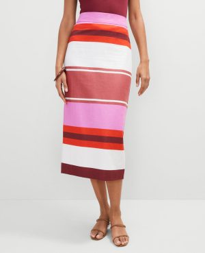 Striped Linen Blend Clean Midi Skirt