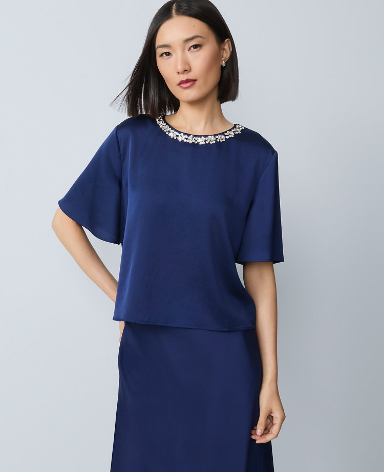 Petite Embellished Trim Satin Top