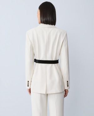 Petite Belted Crepe Fitted Long Blazer