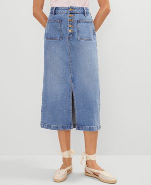 Petite Weekend Collection Patch Pocket Denim Midi Skirt