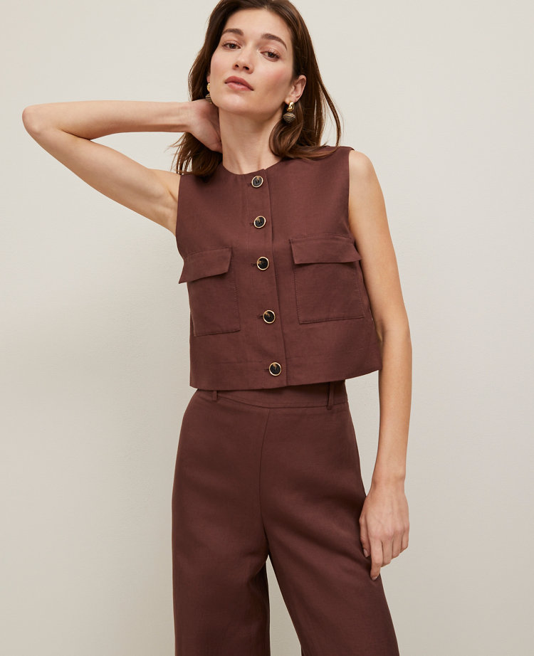 Petite Linen Blend Patch Pocket Vest
