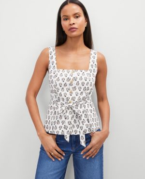 Petite Floral Linen Blend Tie Waist Top