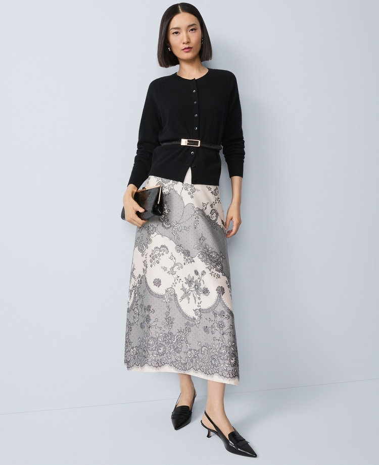 Petite Floral Satin Midi Skirt