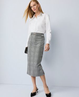 Plaid Belted Midi Pencil Skirt