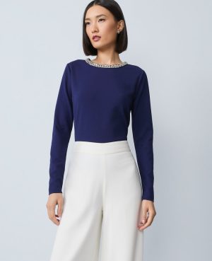 Petite Ponte Embellished Crew Neck Top