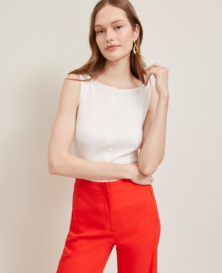 Petite Ribbed Sleeveless Button Top