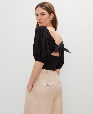 Petite Linen Blend Knotted Tie Back Blouse