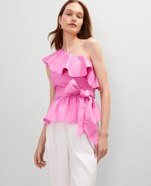 Petite One-Shoulder Tie Waist Blouse