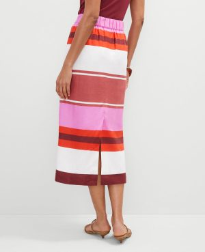 Petite Striped Linen Blend Clean Midi Skirt