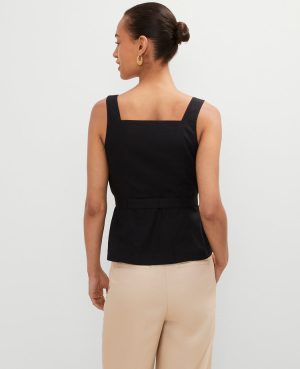 Petite Linen Blend Button Tie Waist Top