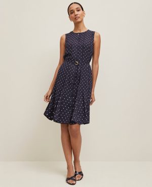 Petite Dotted Belted Flare Dress