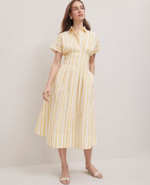 Petite Weekend Collection Striped Pleated Midi Pocket Shirtdress