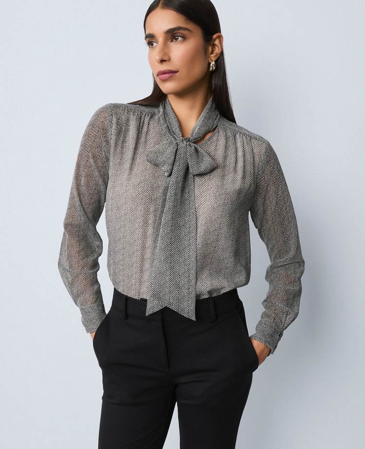 Petite Herringbone Bow Blouse